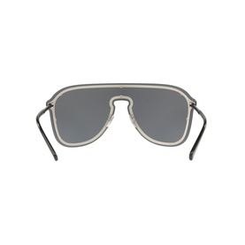 Aviator-style sunglasses with mirrored grey lenses, silver-tone metal frame, and black temple arms, shown from rear angle