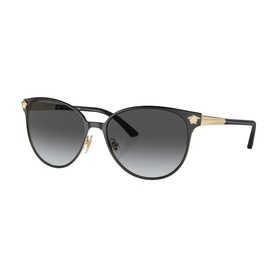 Versace cat-eye sunglasses in black with gold-tone temples, Medusa head detail, and grey gradient lenses