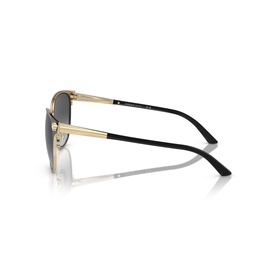 Gold and black square sunglasses with slim metal arms, dark grey lenses, and black temple tips, shown from rear three-quarter angle