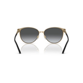 Gold and black cat-eye sunglasses shown from rear, with gradient grey lenses and slim black temples