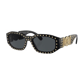 Versace black rectangular sunglasses with gold studded frame, Medusa logo temples, and dark grey lenses