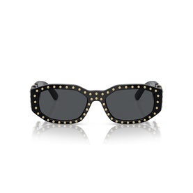 Black rectangular sunglasses with gold stud embellishments along frame edges and dark grey lenses