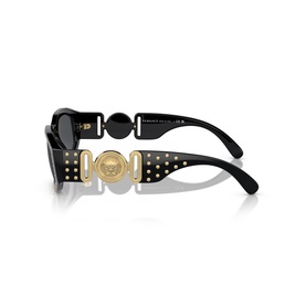 Black Versace sunglasses, side profile view showing gold Medusa stud-embellished temples and circular hinge detail