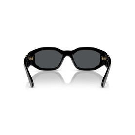 Black sunglasses rear view showing thick rectangular frames with gold-tone temple hardware and dark grey lenses