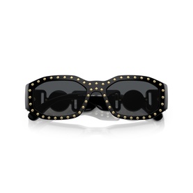 Black rectangular sunglasses with gold stud embellishments along frame edges and dark lenses, folded flat view