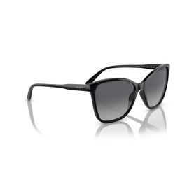 Black cat-eye sunglasses with gradient grey lenses and slim temples, angled three-quarter view