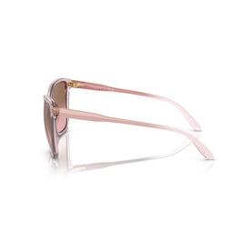 Translucent pink cat-eye sunglasses with gradient brown lenses, shown from the side angle highlighting slim temples with gold-tone detailing