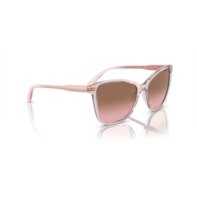 Translucent pink cat-eye sunglasses with gradient rose-tinted lenses and slim pink arms, angled product view