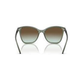 Translucent sage green square sunglasses, rear view showing gradient brown lenses and slim temples