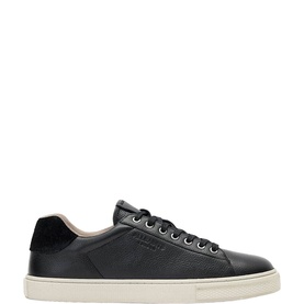 All Saints black leather low-top trainers with suede heel tab, lace-up fastening, and white cupsole