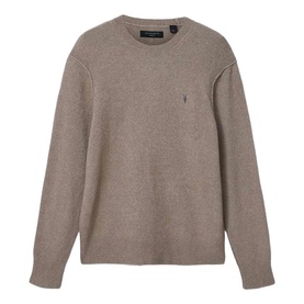 AllSaints crew neck knit jumper in taupe brown with small logo embroidery at chest, long sleeves, relaxed fit