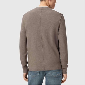 Model wearing taupe textured crew neck sweatshirt, back view, styled with blue denim jeans