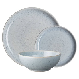 Denby Studio Blue Pebble Tableware 12-Piece Set in speckled blue stoneware, showing dinner plate, side plate, and bowl.