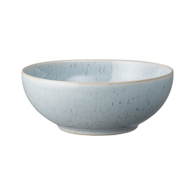 Denby Studio Blue Pebble 12-Piece Tableware Set, pale blue speckled stoneware cereal bowl with sandy rim detail.