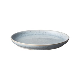 Denby Studio Blue Pebble stoneware dinner plate in muted blue with speckled reactive glaze finish.