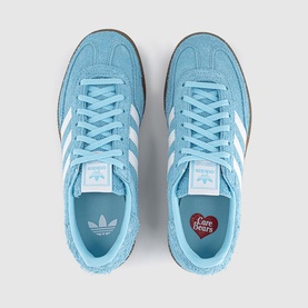 Adidas Care Bears Bliss Blue suede trainers, top-down view, white three-stripe detail, gum sole, Care Bears branded insole