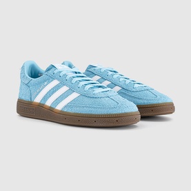 Adidas Handball Spezial trainers in Care Bear Bliss Blue, white three-stripe detail, suede upper, gum rubber sole.