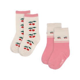 Konges Sl&oslash;jd Cherry Mix 2-piece sock set; one cream knee-high with cherry print, one short pink sock with stripe and cherry detail.
