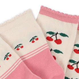 Konges Sl&oslash;jd Cherry Mix 2-piece sock set in cream and pink with red cherry and stripe knit detail
