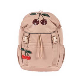 Konges Sl&oslash;jd cherry-print backpack in blush pink with sequin cherry appliqu&eacute;s, gold-tone buckles, and side pockets