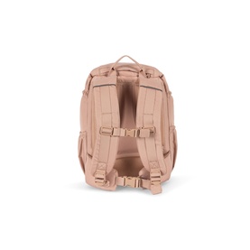 Konges Sl&oslash;jd cherry pink backpack, rear view showing padded shoulder straps, adjustable buckles, and top carry handle.