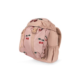Konges Sl&oslash;jd cherry print pink mini backpack with gathered fabric panels, gold buckle clip, and adjustable straps