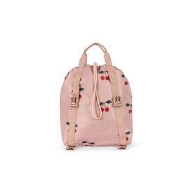 Konges Sl&oslash;jd cherry-print mini backpack in blush pink with red cherry pattern, adjustable straps and gold-tone hardware, rear view