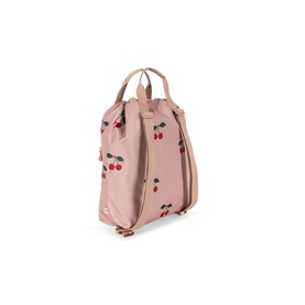 Konges Sl&oslash;jd cherry-print pink backpack with top handles, adjustable straps, and all-over red cherry pattern detail