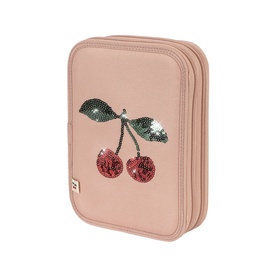 Konges Sl&oslash;jd cherry pink pencil case with sequin cherry embellishment, zip closure, structured rectangular shape