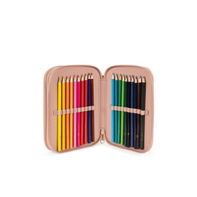 Konges Sl&oslash;jd pencil case in Cherry pink, open to reveal two rows of multicoloured pencils secured by elastic loops
