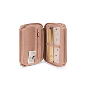 Konges Sl&oslash;jd cherry pink zipped knitting needle case, open to reveal bamboo needles and elastic storage loops inside