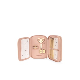 Konges Sl&oslash;jd cherry pink mini sewing kit case open showing gold scissors, needles and accessories in zip pouch