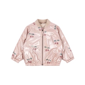 Konges Sl&oslash;jd children's bomber jacket in Ma Grande Cerise, metallic pink with all-over cherry print, zip fastening and ribbed cuffs