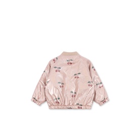 Konges Sl&oslash;jd children's bomber jacket in pink with all-over cherry print, ribbed collar and cuffs, back view