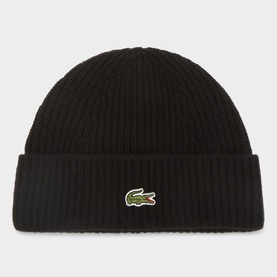 Lacoste black wool ribbed-knit beanie with folded cuff and embroidered crocodile logo badge.