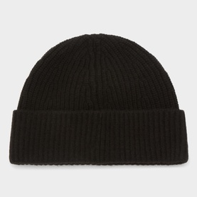 Lacoste black wool ribbed-knit beanie with wide folded cuff, shot from above on white background