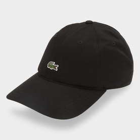 Lacoste black cotton baseball cap with signature embroidered crocodile logo on front panel and adjustable back strap.