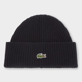 Lacoste ribbed wool beanie in Navy Blue with folded cuff and embroidered green crocodile logo patch.