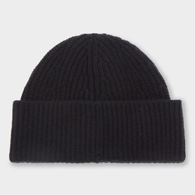 Lacoste Navy Blue wool ribbed beanie with wide folded cuff, flatlay view.
