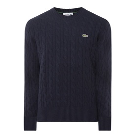 Lacoste cable-knit crew neck jumper in Navy Blue, 100% wool with signature green crocodile logo at chest