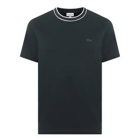 Lacoste Crew Neck T-shirt in dark varech green, white stripe ribbed collar, small crocodile logo on chest, short sleeves