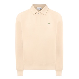 Lacoste polo sweatshirt in Viennese cream, long-sleeved with ribbed cuffs and collar, small embroidered crocodile logo on chest