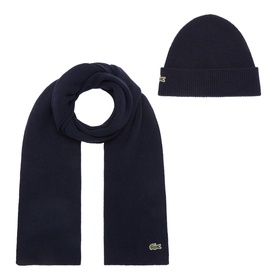 Lacoste navy blue wool blend beanie and scarf gift set with green crocodile logo