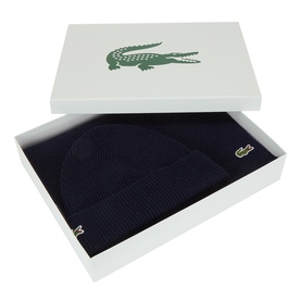 Lacoste navy blue wool blend beanie and scarf gift set in branded white presentation box with crocodile logo
