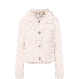 Marella natural cable-knit cardigan with ruffled collar and embellished buttons, 75% virgin wool blend