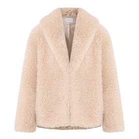 Marella sand faux shearling coat with notched lapel, open front, and relaxed boxy silhouette