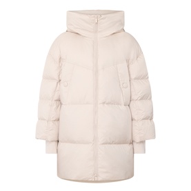 Marella turtledove quilted puffer coat with high funnel neck, zip fastening, and ribbed cuffs, longline silhouette