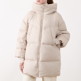 Model wearing Marella turtledove quilted hooded longline puffer coat with zip fastening and oversized silhouette
