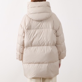 Model wearing Marella turtledove hooded quilted longline puffer coat, rear view showing oversized fit and horizontal baffle panels.