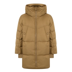 Marella oil green quilted puffer coat with hood, zip fastening, side pockets, and mid-length silhouette